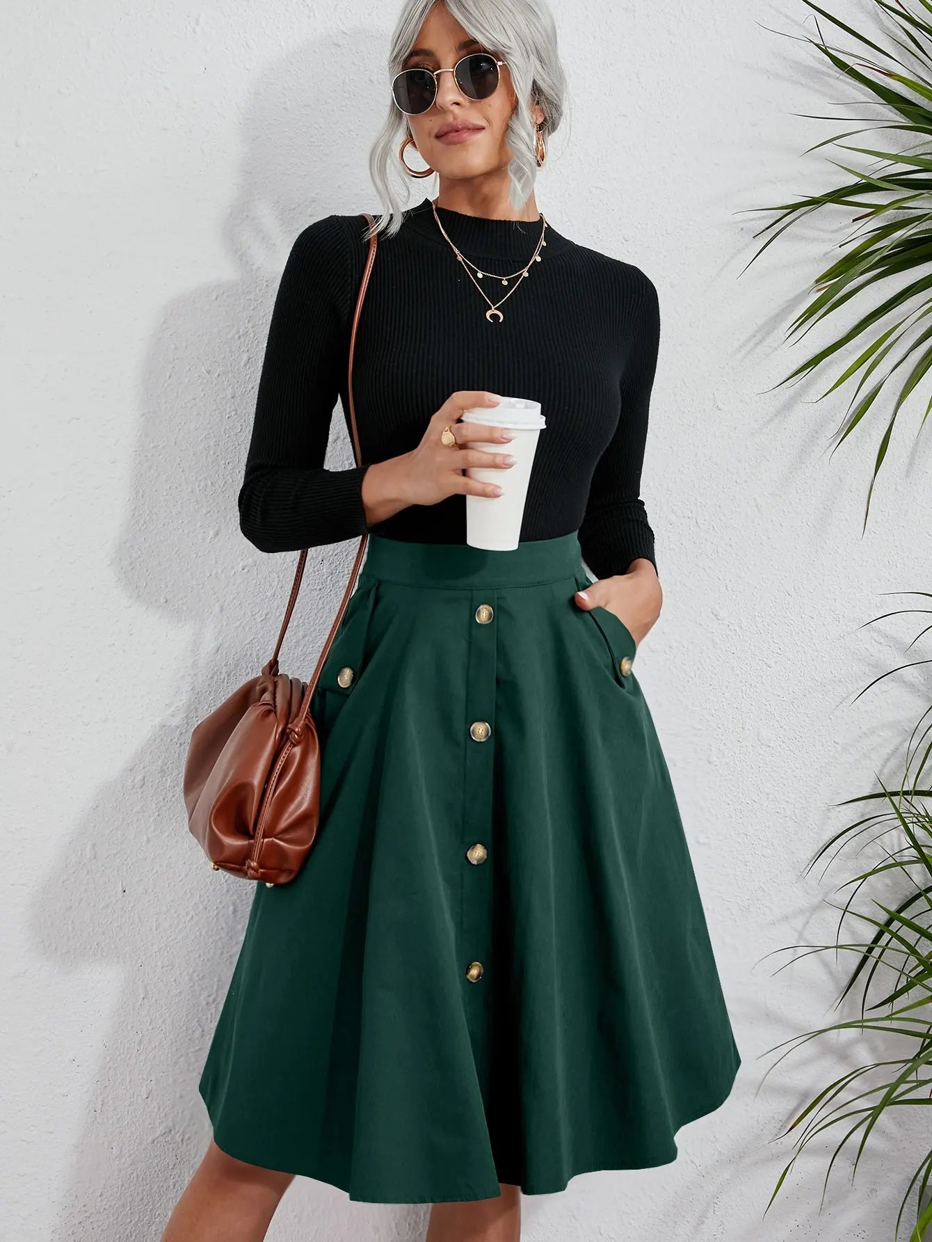 Chic Women's Dark Green Flared Midi Skirt Metal Button Detail With Pockets Versatile Casual Office Daily Wear Skirt