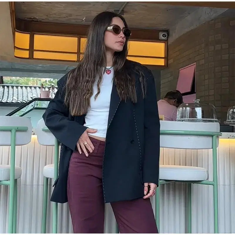 Striped Blazer Coat Women Casual Loose Lapel Double-breasted Long Sleeve Coat 2026 Spring New Office Lady Commuter Blazer Jacket