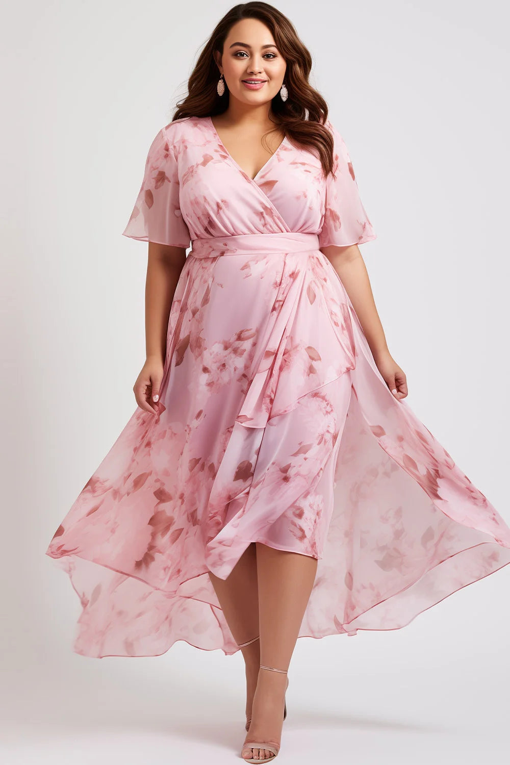 Flycurvy Pink Chiffon Floral Dress