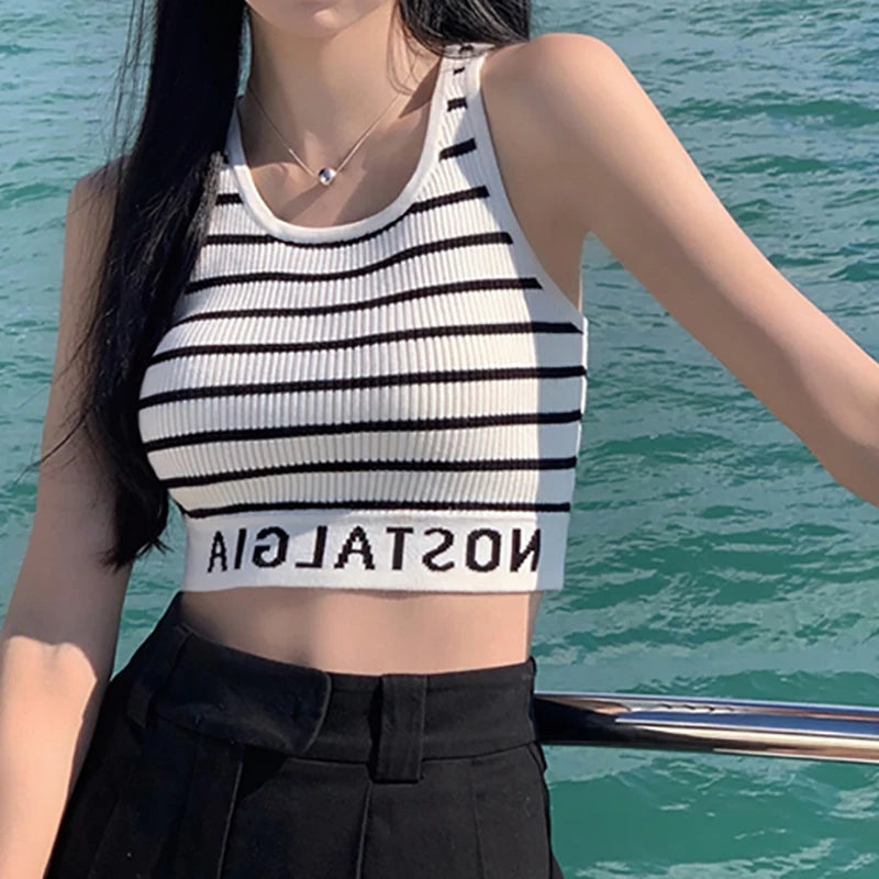 ITOOLIN Women Stripes Sexy Slim Crop Top Letter Printed Sports Tank Top Y2k Sleeveless Street Camis Beach Top Spring Summer