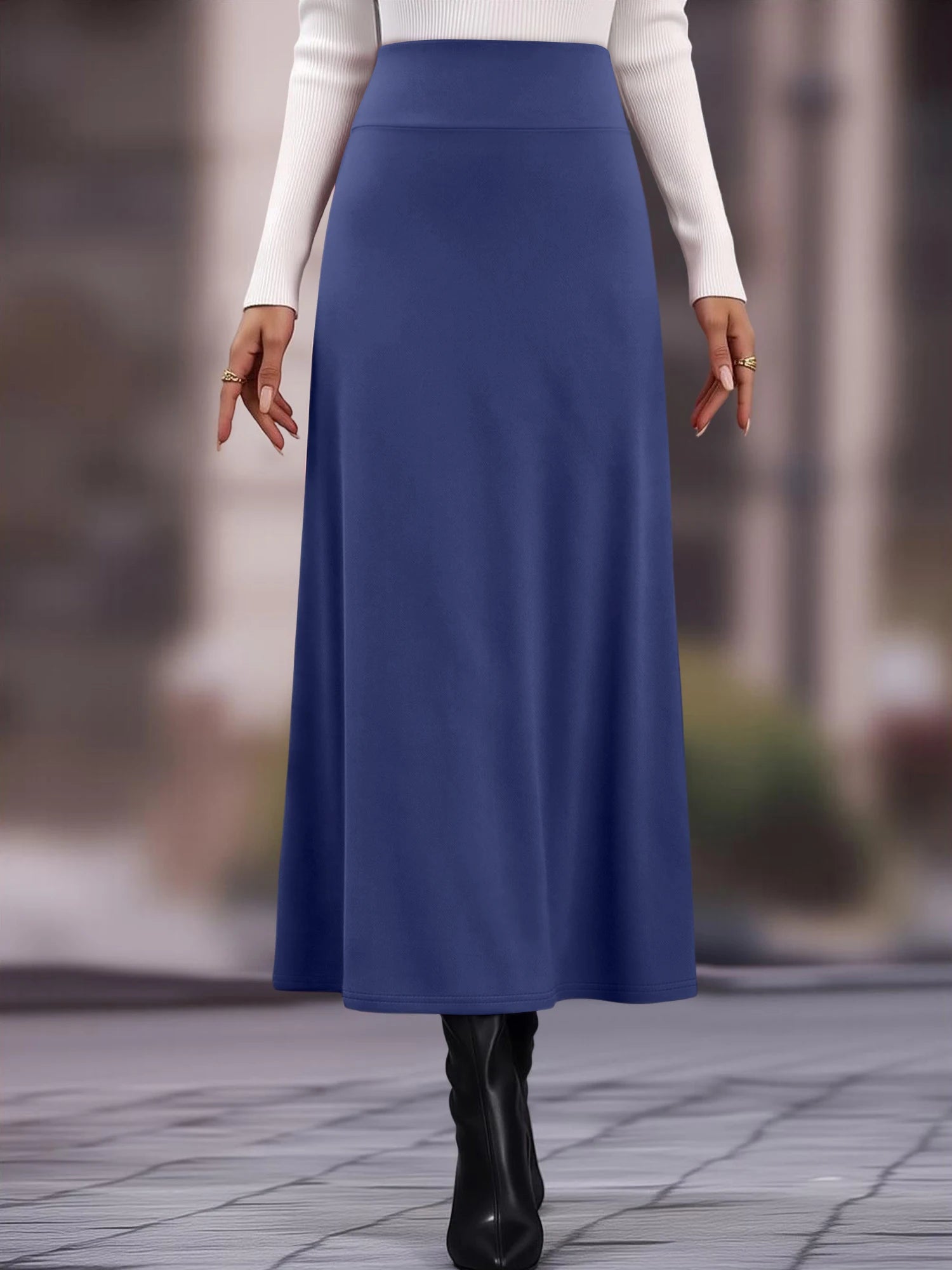 Women High Waist Midi Skirt Flared Silhouette Comfortable Fit Versatile for Brunch Vacations Work  Solid Colors