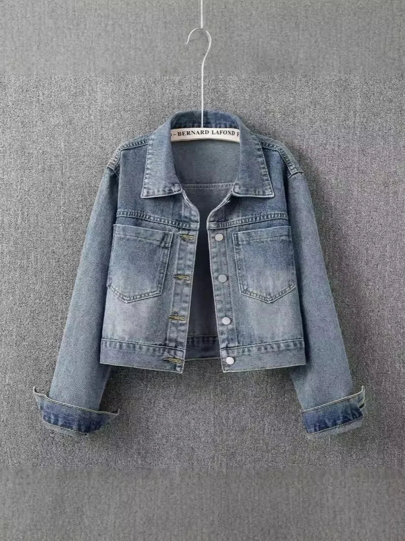 Retro Spring and Autumn New Denim Jacket for Women, Short, Simple and Casual Model, Retro Color Washed Texture Top Denim Jacket