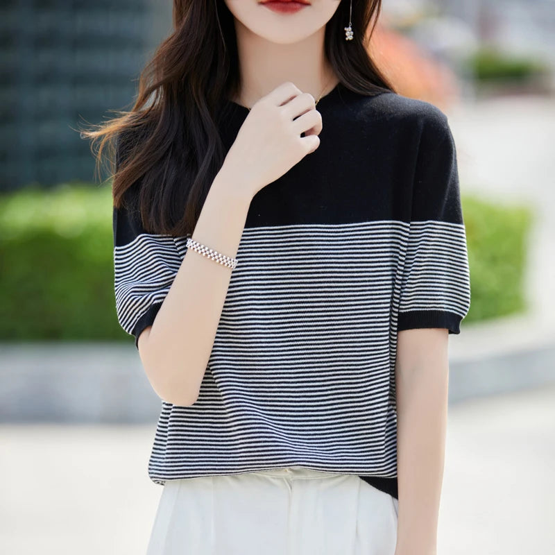 2026 Summer New Women 100% Cotton Knit Striped Round Neck T-Shirt Women Clothing Tops Short Sleeve Sweater Casual Basic Pullover