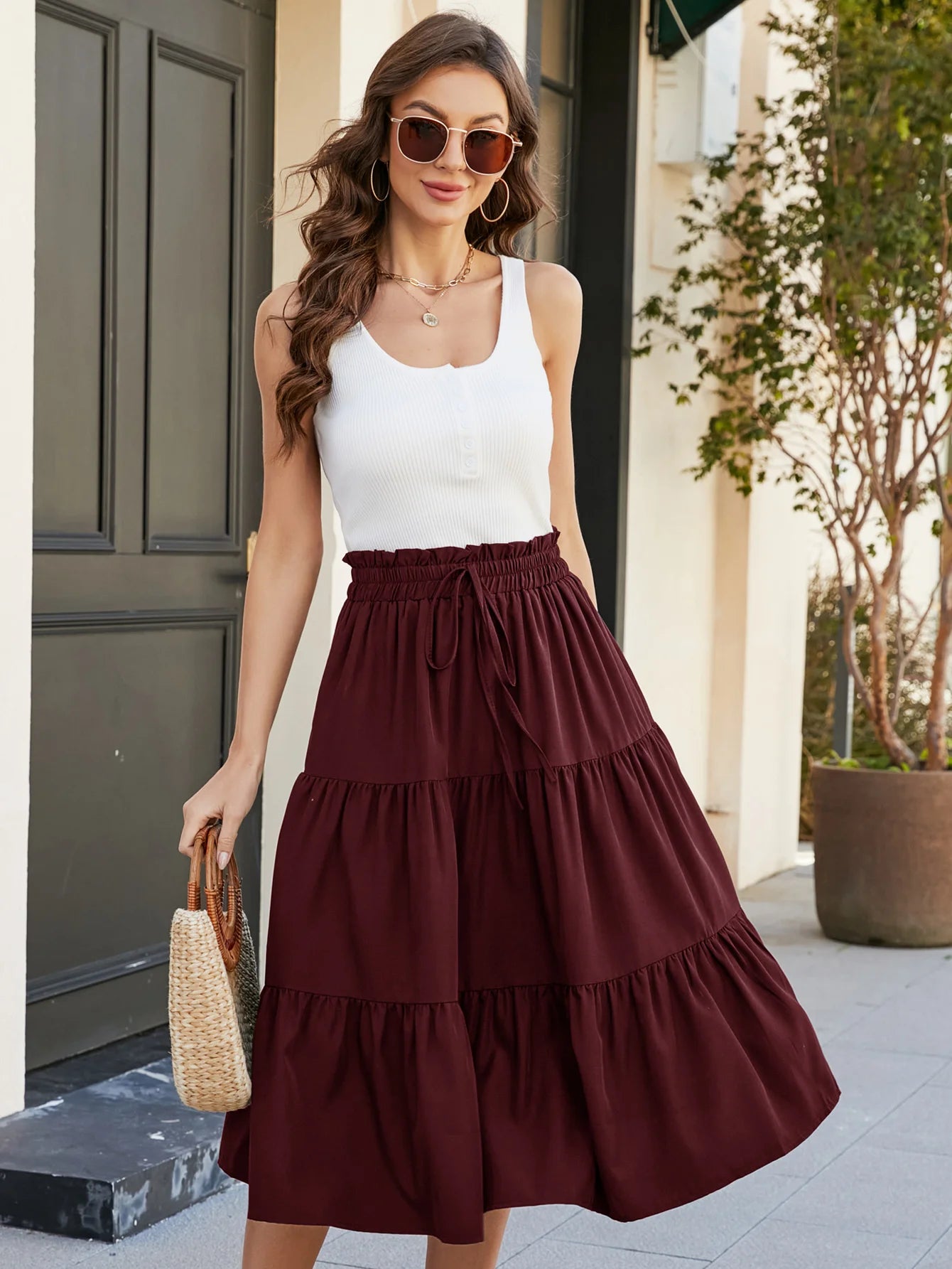 Women's High Waisted Solid Color Tiered Midi Skirt a Line Flared Half Skirt with Elastic Waist Perfect for Everyday Wear