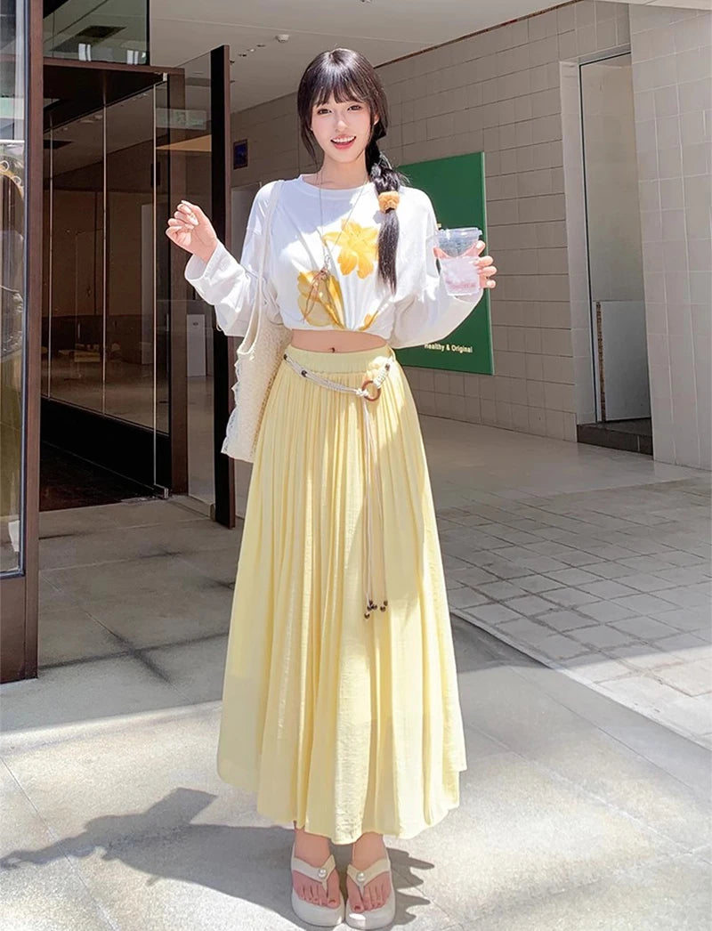 Boho Women's Skirt Cotton Linen Yellow Female Skirts High Waist Harajuku 2025 Trend  Luxury Elegant Vintage Long Skirt With Belt