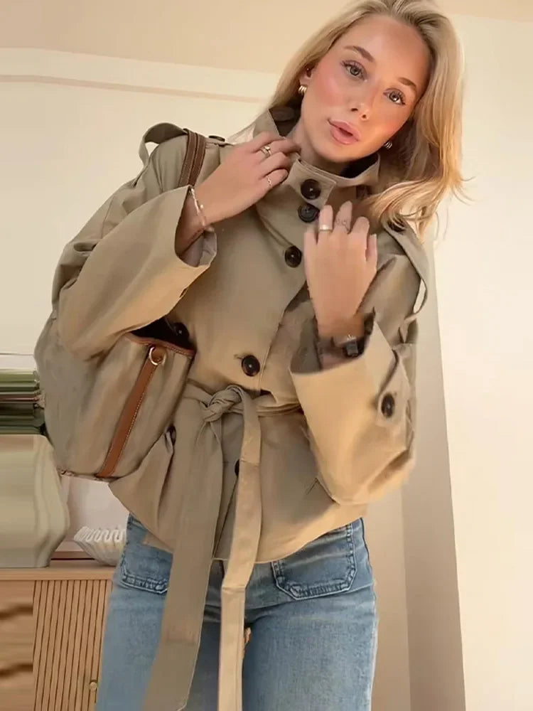 Women Solid Lace Up Trench Coat Elegant High Neck Double Breasted Full Sleeve Windbreaker Lady Fashion Street Casual Daily Coats