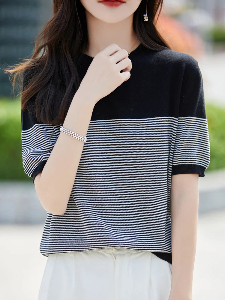 2026 Summer New Women 100% Cotton Knit Striped Round Neck T-Shirt Women Clothing Tops Short Sleeve Sweater Casual Basic Pullover