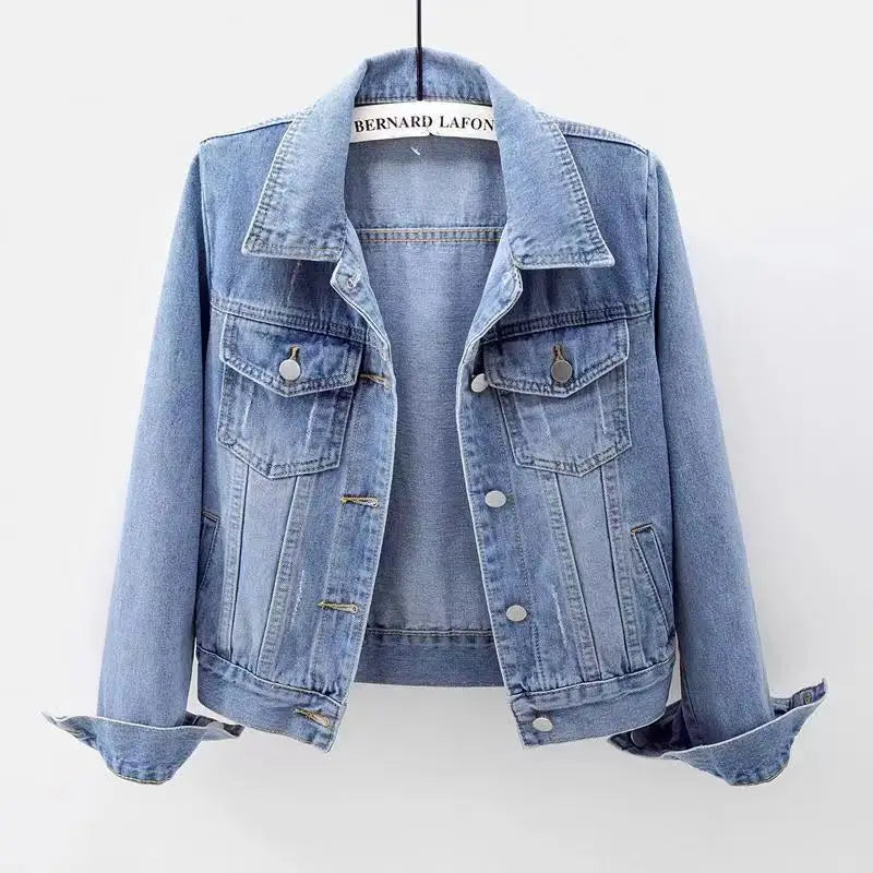 Women's Denim Jacket Short Slim Fit Washed Coat Single-breasted Long-sleeve Cardigan Simple Versatile Daily Casual Top Trendy