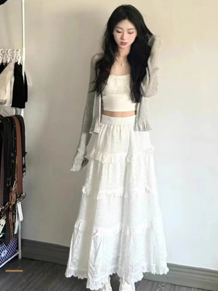 Spring Summer New Women Skirts Vintage High Waist Elastic Patchwork White Black Chic Long Cake A-line Skirt