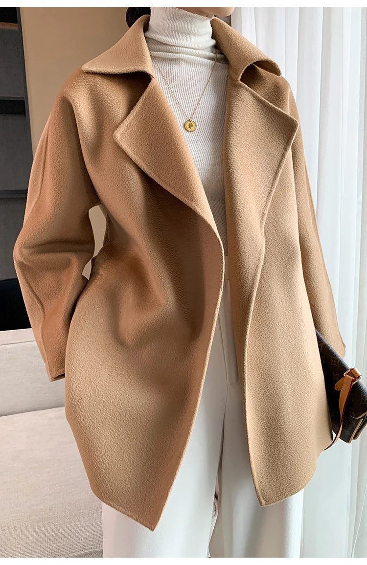 Autumn New Short Double-sided Cashmere Water Ripple Coat Women Turn-down Collar Loose Tempeament Warm Casual wool Jacket Female