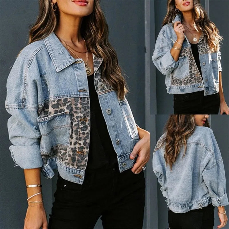 Autumn and Winter Denim Jacket Women Long Sleeve Leopard Print Splicing Denim Jacket Coat Women