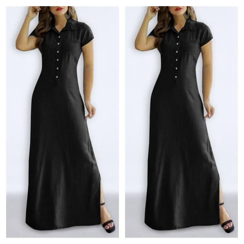 Europe And America Cross Border New Long Dress Shirt Collar Split Pocket Large Swing Dress Large Casual Denim Dress