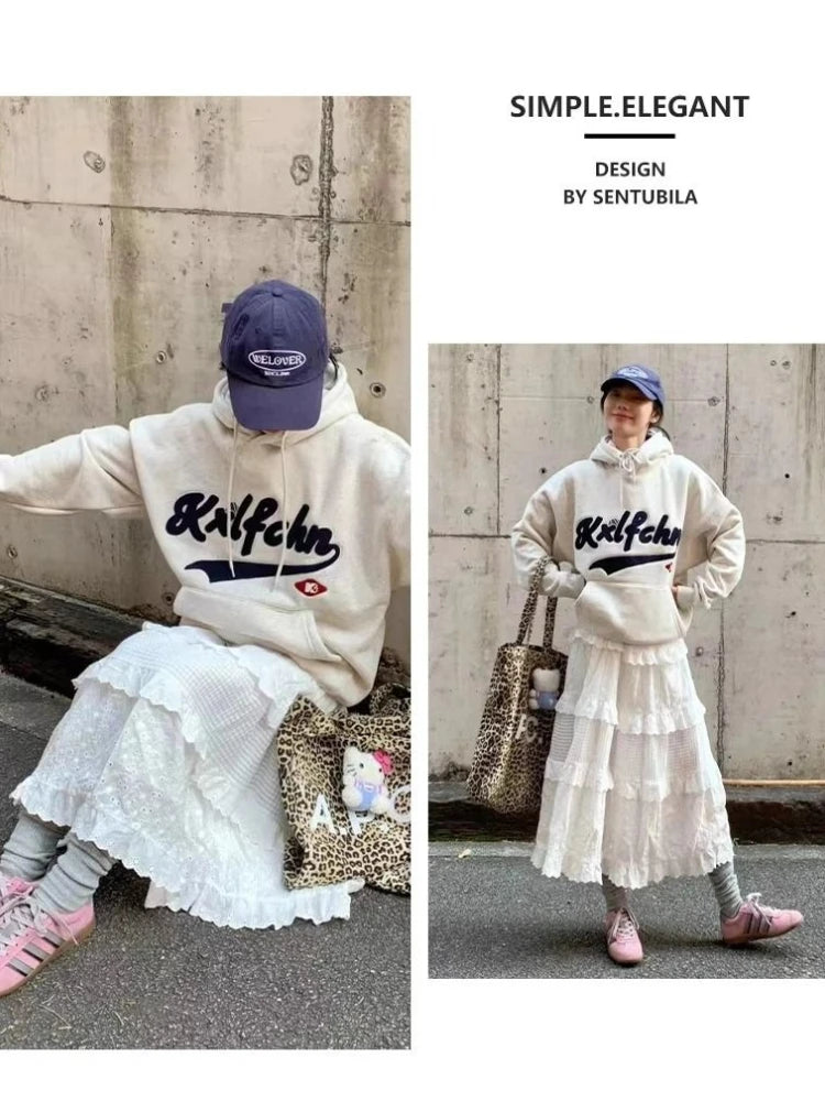 Spring Summer New Women Skirts Vintage High Waist Elastic Patchwork White Black Chic Long Cake A-line Skirt