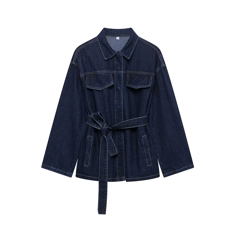 Willshela Women Fashion With Belt Denim Blue Single Breasted Jackets Vintage Lapel Neck Long Sleeves Female Chic Lady Outfits