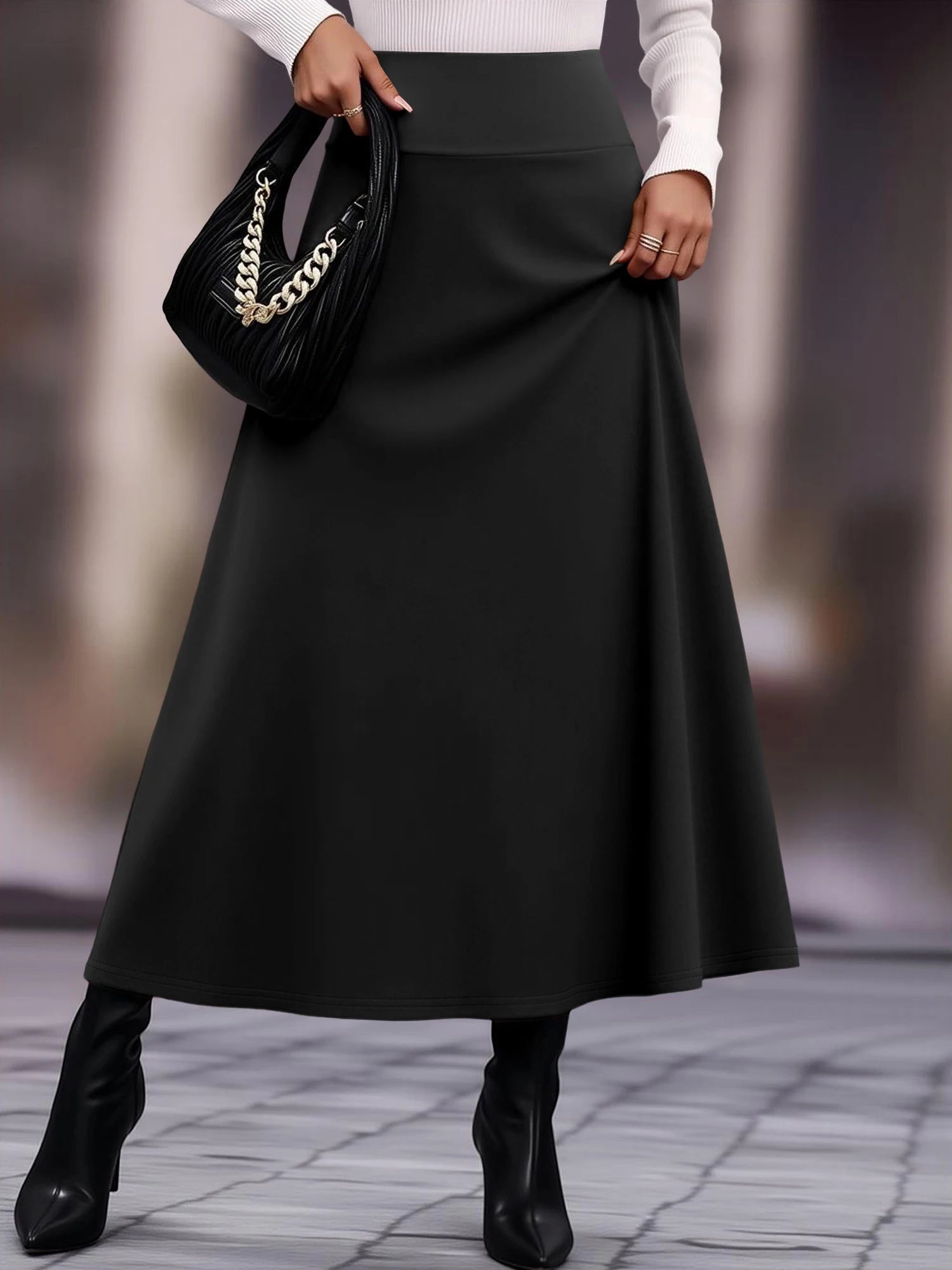 Women High Waist Midi Skirt Flared Silhouette Comfortable Fit Versatile for Brunch Vacations Work  Solid Colors