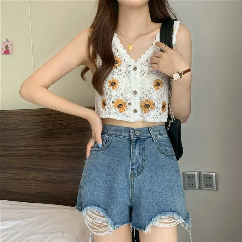 ITOOLIN Summer Women Floral Embroidery Sweet Tank Top Hollow Out Boho Sexy Crop Top Female Buttons Knit Cardigan Tops 2024