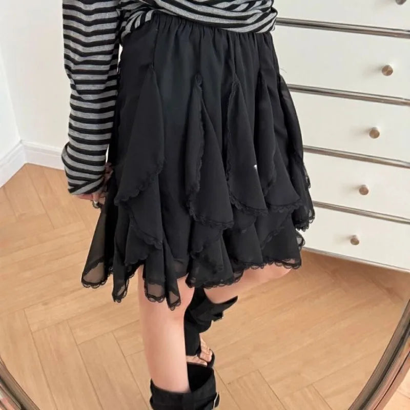Women's Tutu Tulle Skirt Asymmetrica Chiffon Korean Version Elastic Waist Knee-Length Lace Splicing Layered Puffy Cake Skirt
