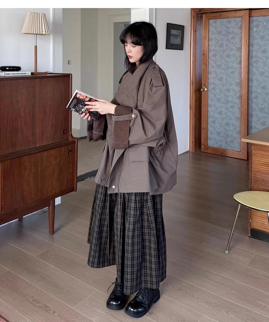 Vintage Plaid Pleated Midi Skirt Women's Autumn Winter High Waist A-Line Swing Skirt Casual Loose Retro Long Skirts Fashion Stre