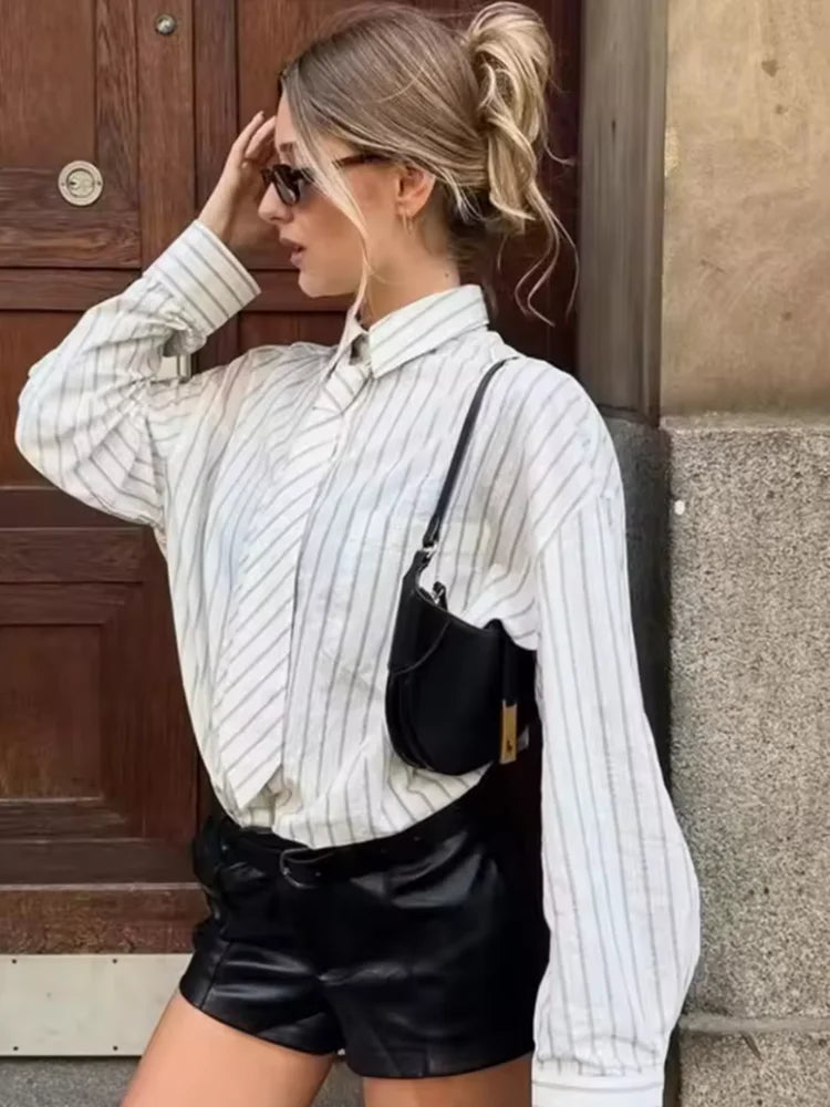 Striped Tie Shirt Women Long Sleeve Lapel Single Breasted Oversized Shirts Female 2026 Fashion New Spring Outwear Lady Tops