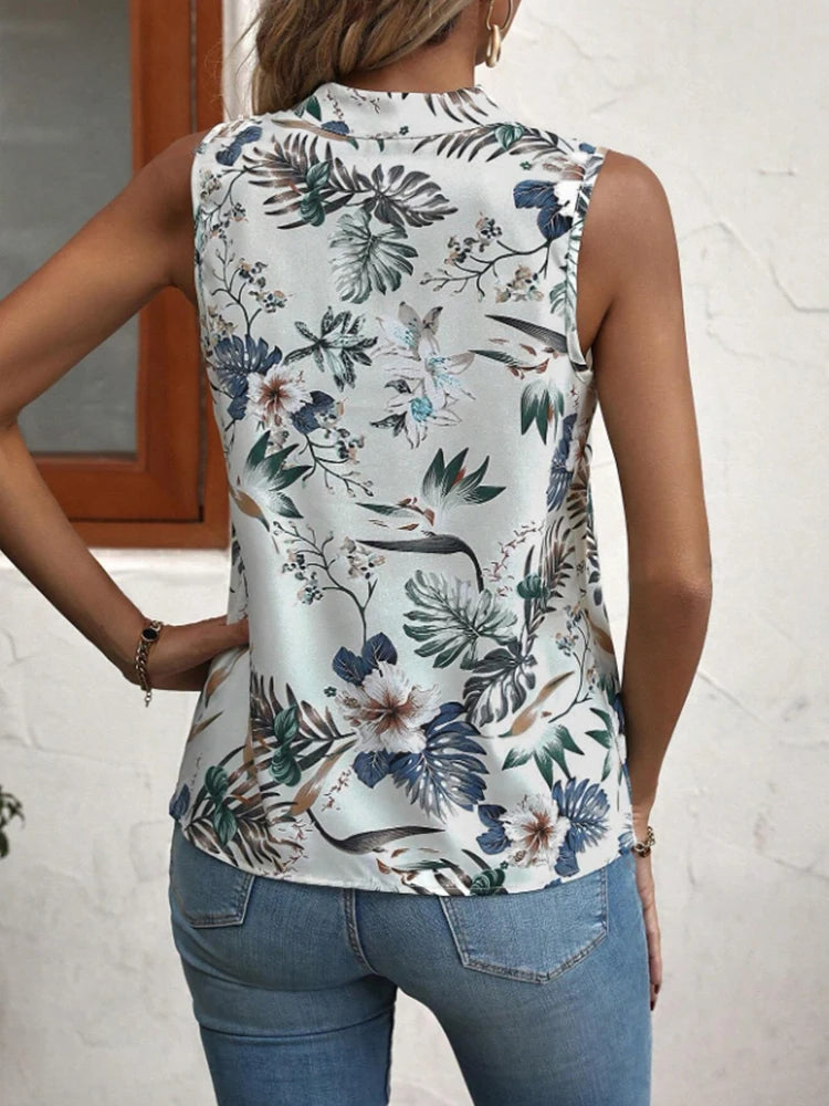 Beach-Style Women's Sleeveless V-Neck Shirt Tropical Print Regular Fit Spring Summer Casual Top for Ladies
