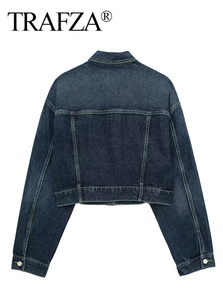 HH Women Dark Blue Denim Coat Heart Pattern Outerwear Long Sleeve Single Breasted Jacket Spring Female Chic Top Coats