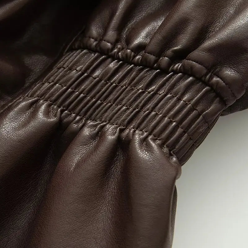 New Fall Winter High Street Warm Brown Zipper Pu Leather Jacket Women Casual Lapel Elastic Waist Cinching Coat Outwear Clothes