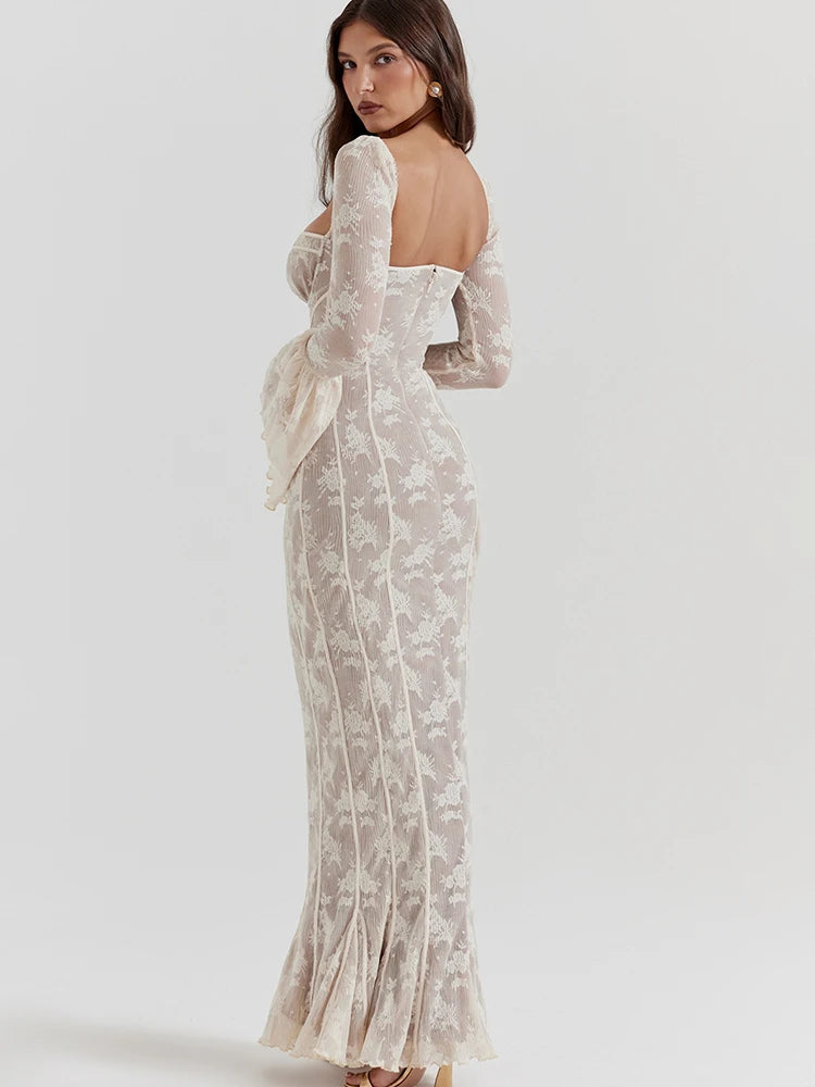 Sexy Square Collar Maxi Dress For Women Black Long Sleeve Lace Up Dress