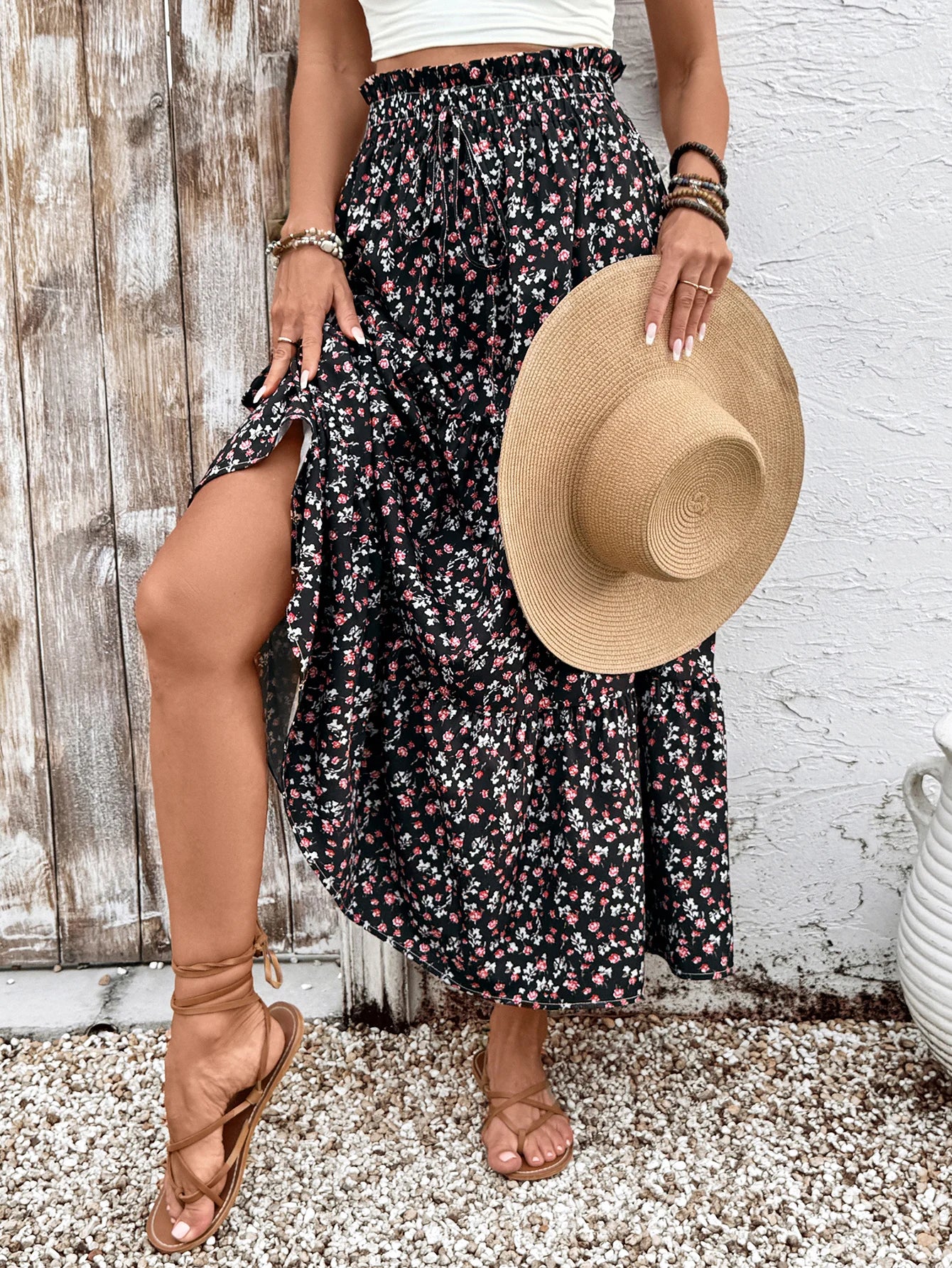 Women's High Waisted Slimming Midi Skirt Ditsy Floral a Line Skirt with Elastic Waist Perfect for Boho Style Outfits