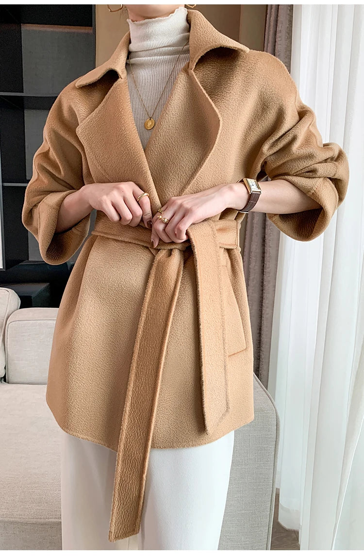 Autumn New Short Double-sided Cashmere Water Ripple Coat Women Turn-down Collar Loose Tempeament Warm Casual wool Jacket Female