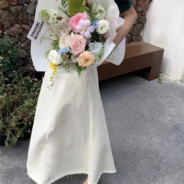 White High Waist A Line Denim Skirt Slimming Fashion Midi Bodycon Fishtail Skirt