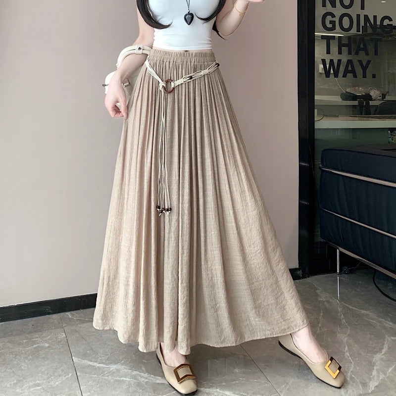 Boho Women's Skirt Cotton Linen Yellow Female Skirts High Waist Harajuku 2025 Trend  Luxury Elegant Vintage Long Skirt With Belt