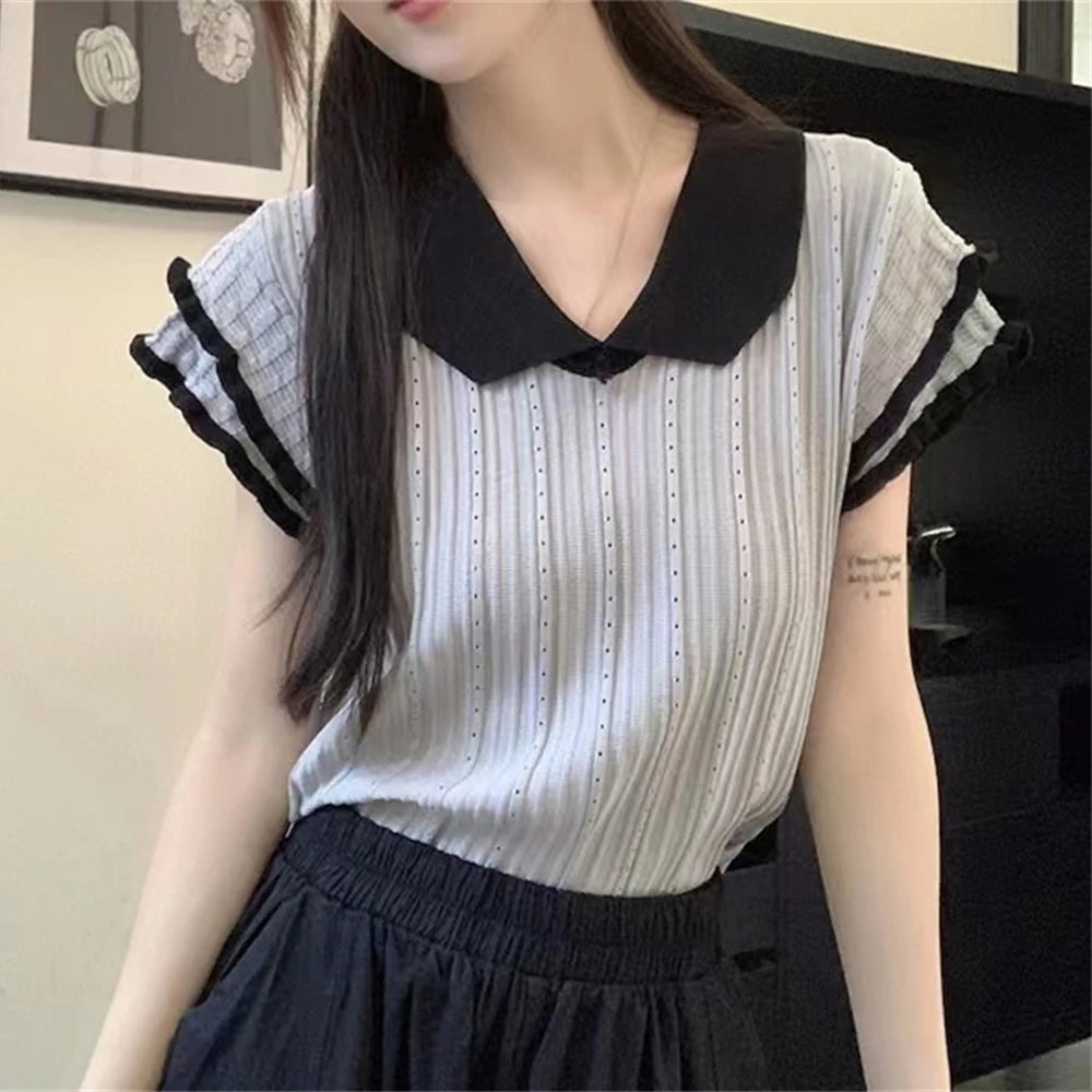 POLO  Sweater collar contrasting short sleeved knitted sweater for women's summer new unique and chic casual versatile top