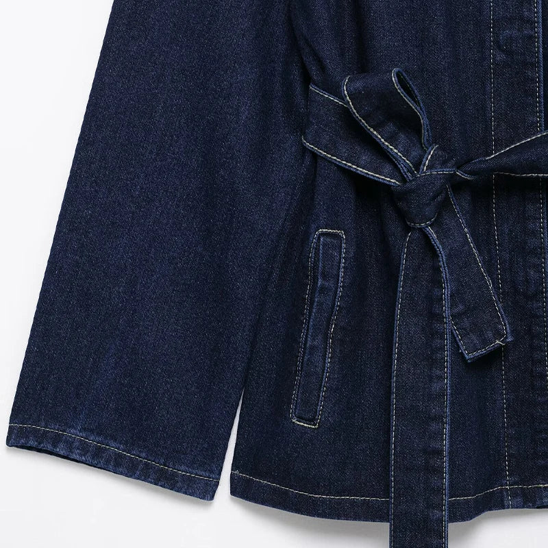 Willshela Women Fashion With Belt Denim Blue Single Breasted Jackets Vintage Lapel Neck Long Sleeves Female Chic Lady Outfits