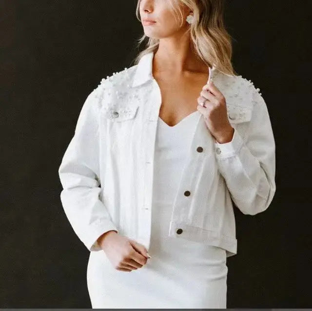 Denim Coats Women Pearls Jacket Outdoor Casual Cotton Jackets Denim Outerwear Autumn Spring Cowboy Overcoats Y2k Streetwear Coat