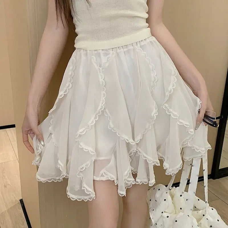 Women's Tutu Tulle Skirt Asymmetrica Chiffon Korean Version Elastic Waist Knee-Length Lace Splicing Layered Puffy Cake Skirt