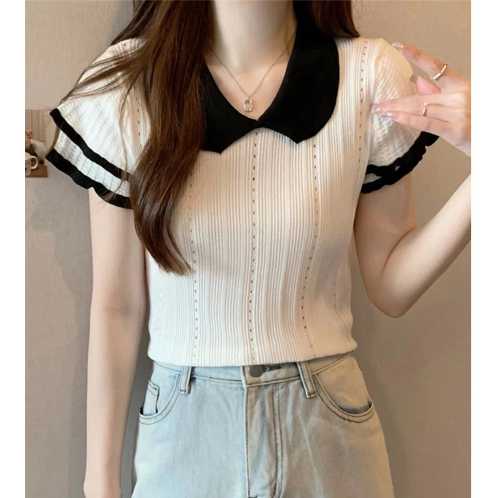 POLO  Sweater collar contrasting short sleeved knitted sweater for women's summer new unique and chic casual versatile top